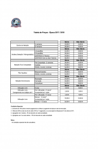 Tabela de Preços para a Época 2017-2018
